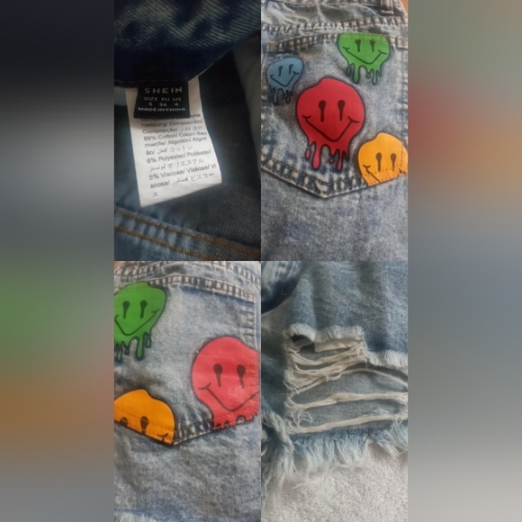 CARTOON FACE PRINT RIPPED RAW CUT DENIM SHORTS. WOMENS SIZE S. BNWT. - Picture 4 of 4